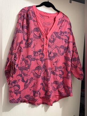 Fresh Produce  adjustable sleeve cotton V-neck Pink& Blue Blouse 1X